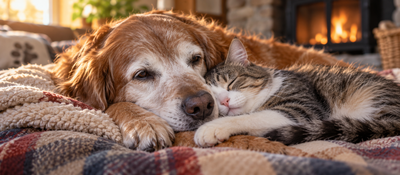 ein älterer Hund kuschelt mit einer Katze